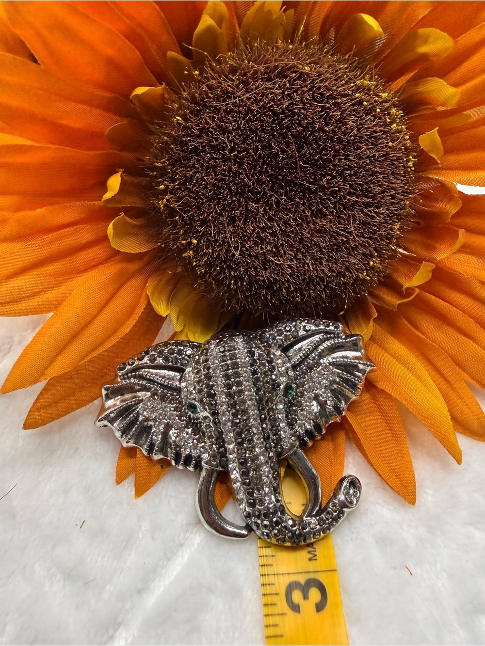 Rhinestone Elephant Brooch - Silver Tone with Green Eyes